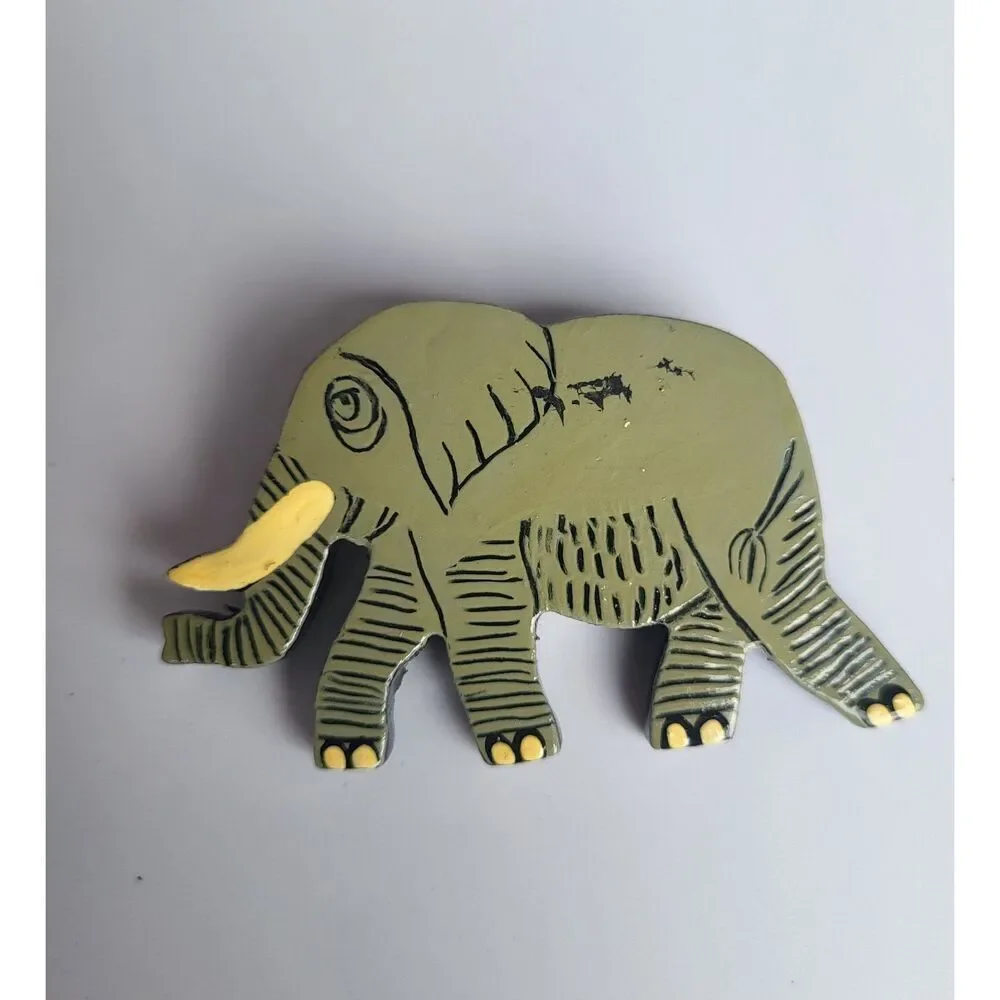 Artisan Hand Painted Elephant Pin Brooch Enamel on Wood 2.5 in